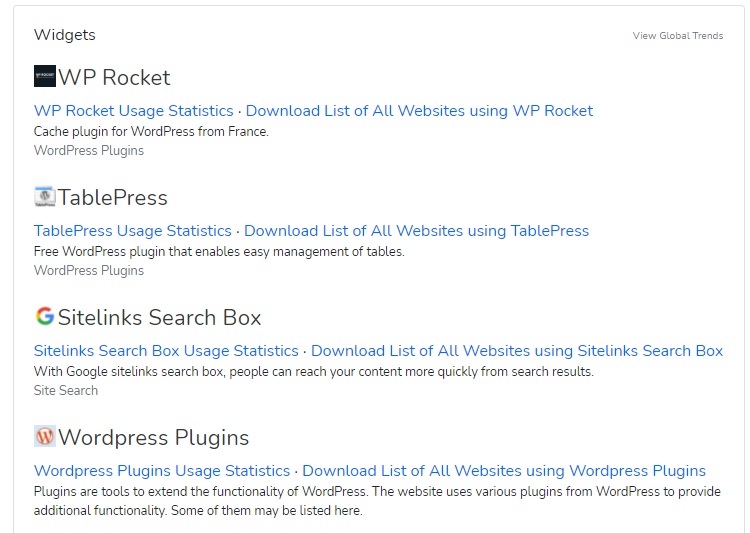 Builtwith with WordPress results 