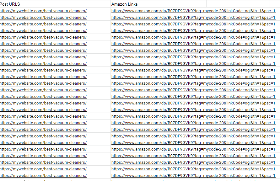 Google sheet with posts and amazon affiliate links
