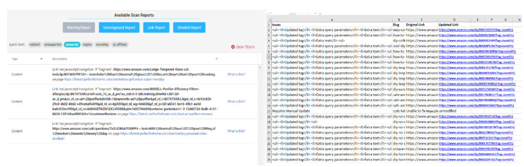 This is a acreenshot of the Linkmoney App online dashboard and the Downloadable CSV report side by side