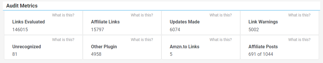 This is a screenshot of the Linkmoney App Dashboard Audit metrics