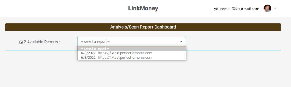 This is a screenshot of the Linkmoney App scan dropdown box with with scan selected