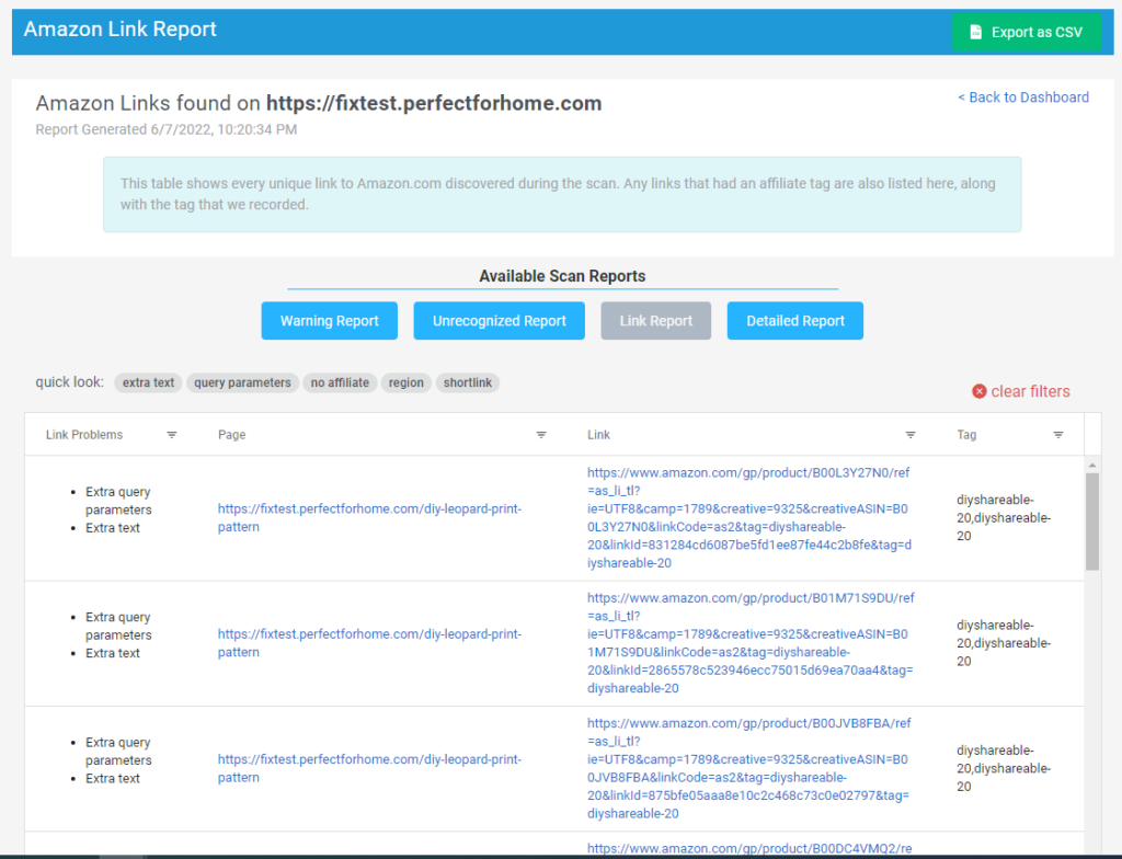 This is a large screenshot of the Linkmoney App Product Link Report