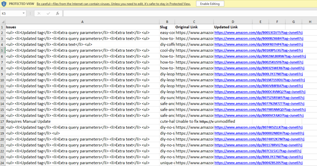 This is a screenshot of the Linkmoney App Warning Report in a downloadable CSV format with the columns streched