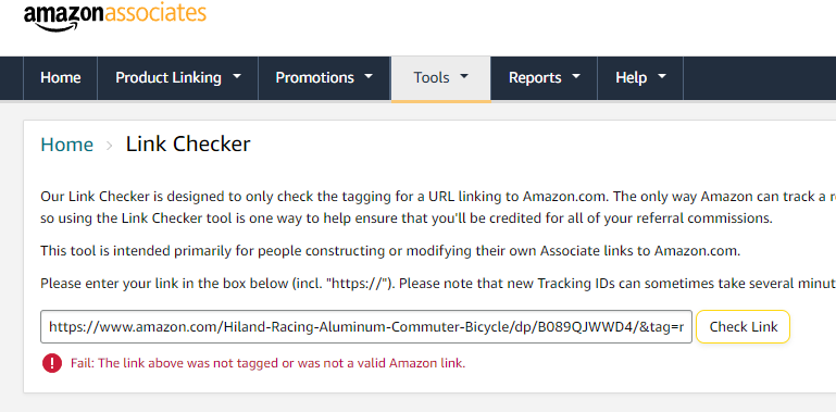 Amazon Link checker showing a failes Amazon Affiliate link