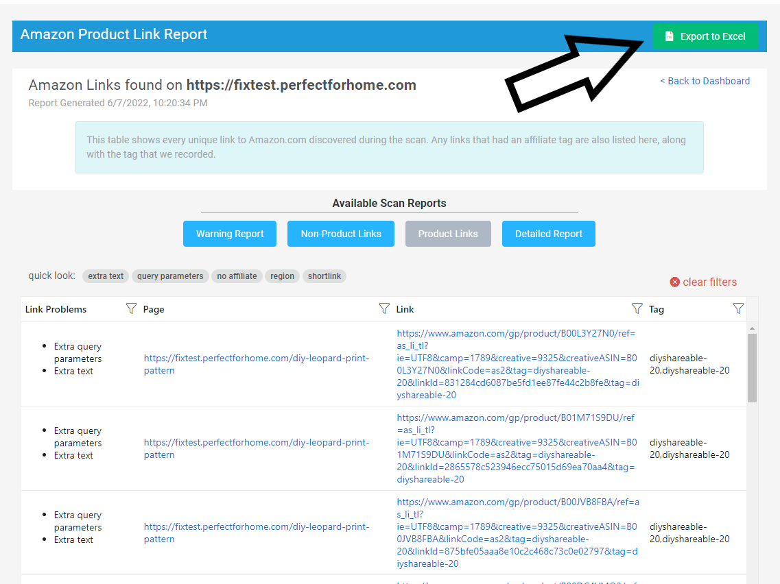 Click on the "export to Excel" button to download your Linkmoney App reports