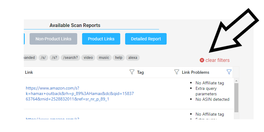 You can clear the filters in the Linkmoney App Non-Product Link Report by clicking the "clear filters" icon