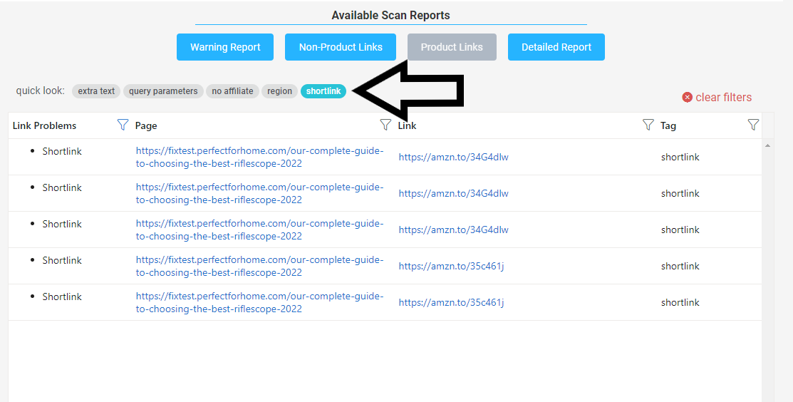 To see all the short links, click on the "shortlink" filter in the Linkmoney App Product Report
