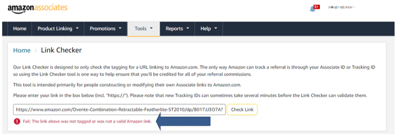 Amazon Link Checker Failed message
