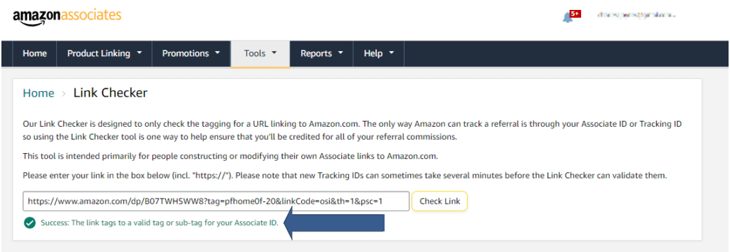 Amazon Link Checker Success message