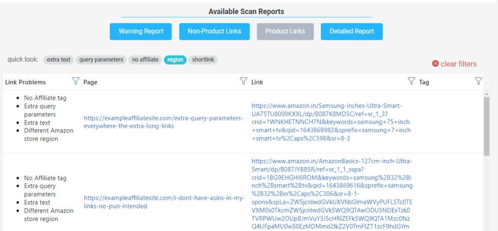 Product Report Out Of Region links example