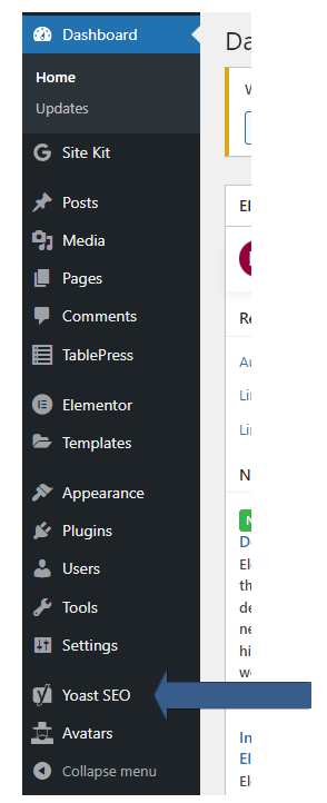 Yoast Plugin location in the WordPress Admin Sidebar