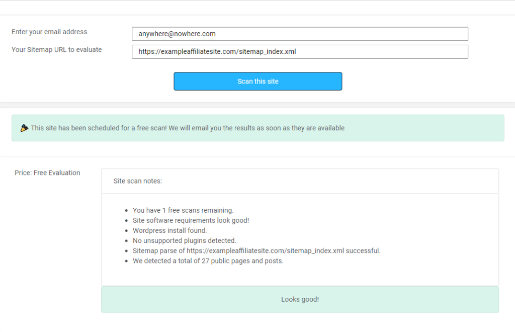 Linkmoney App Free Site Audit scan complete displayed