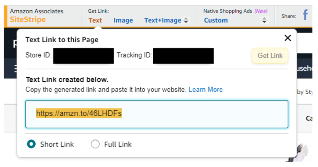 This is an example of the Amazon SiteStripe shortening an Amazon affiliate link