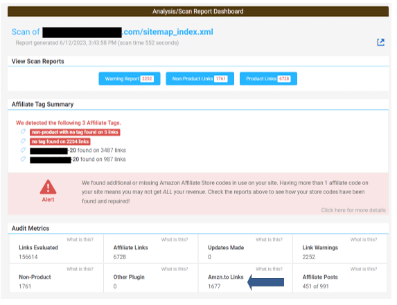 Example of a Linkmoney Baseline Scan showing the number of short links that were found